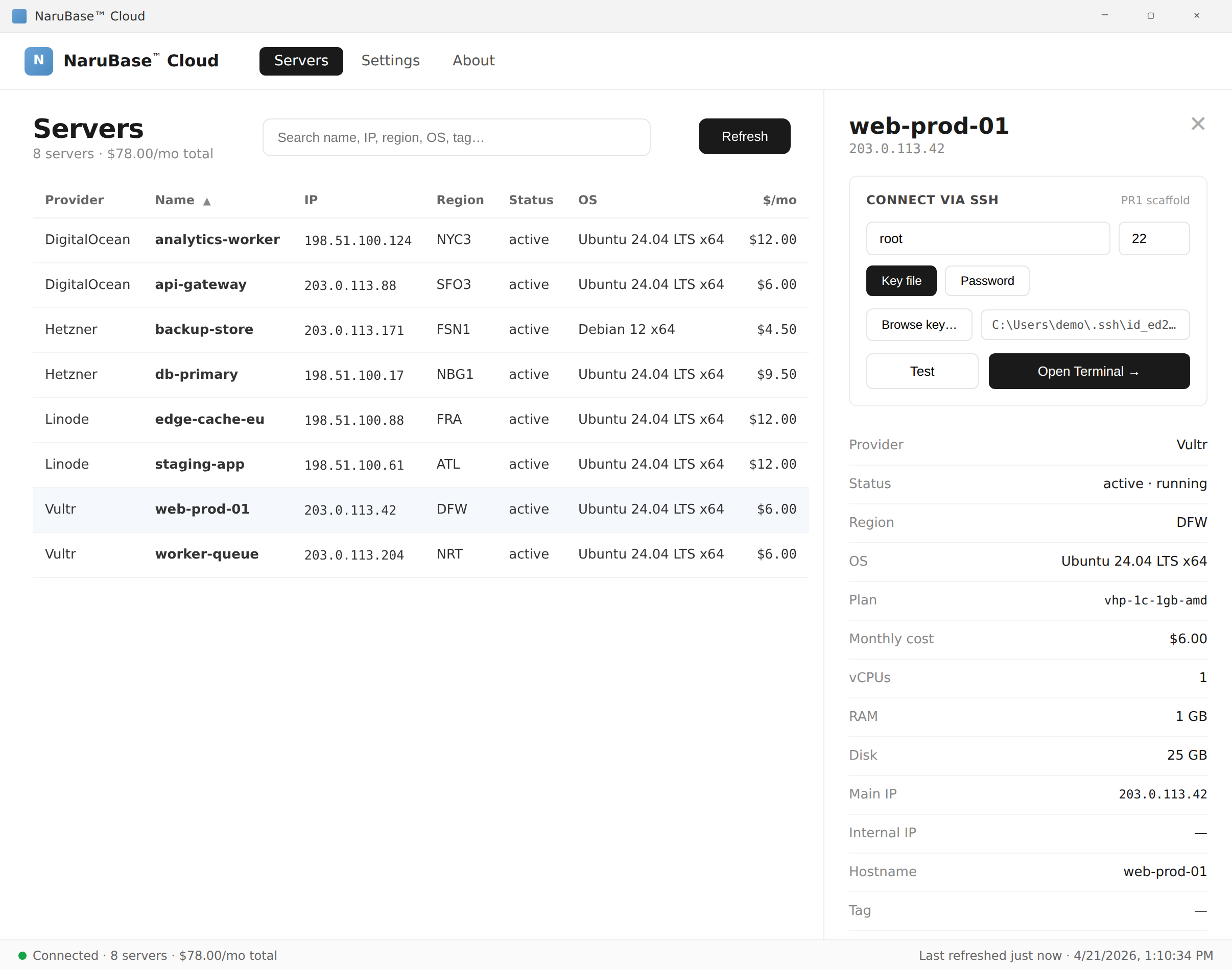 NaruBase™ Cloud unified server list across Vultr, DigitalOcean, Hetzner, and Linode in a single desktop console