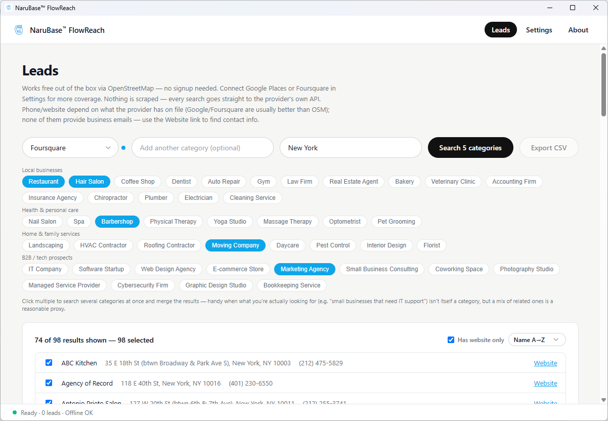NaruBase™ FlowReach searching local business leads by industry and location with CSV export