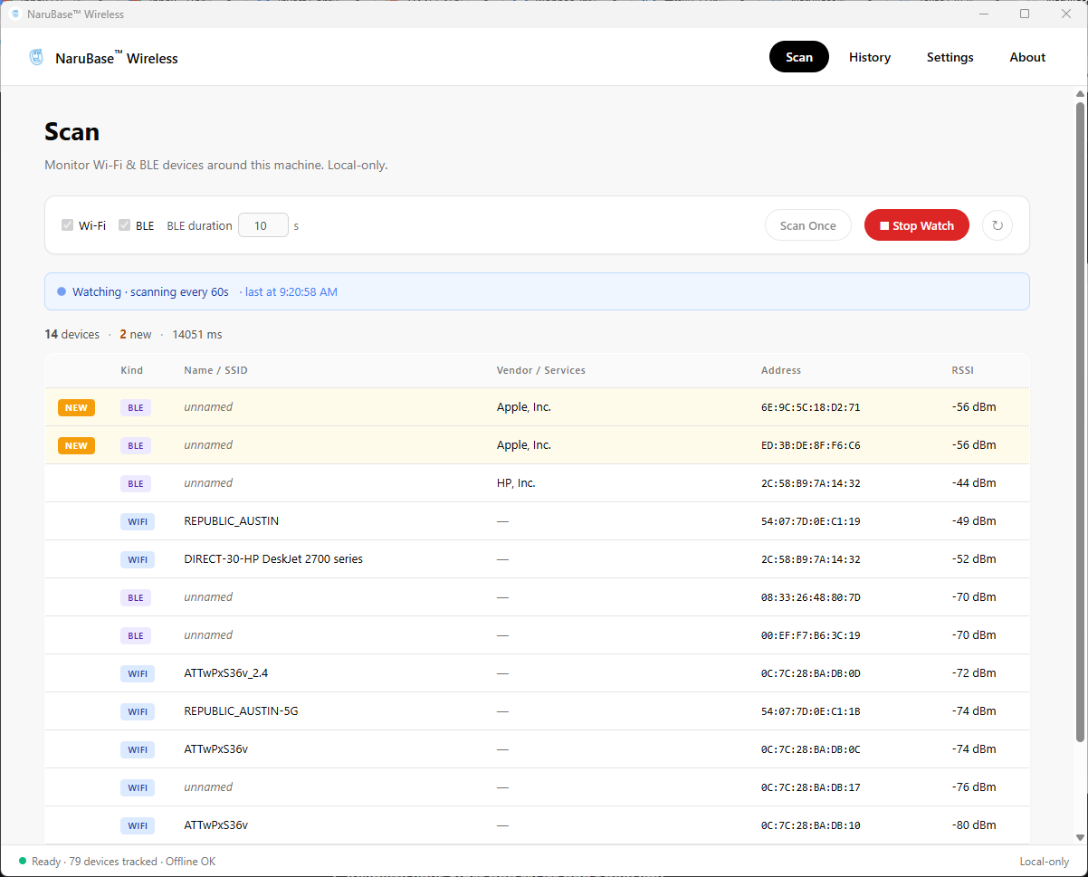 NaruBase™ Wireless scanning nearby Wi-Fi and BLE devices with offline vendor and service-type labels and real-time anomaly alerts